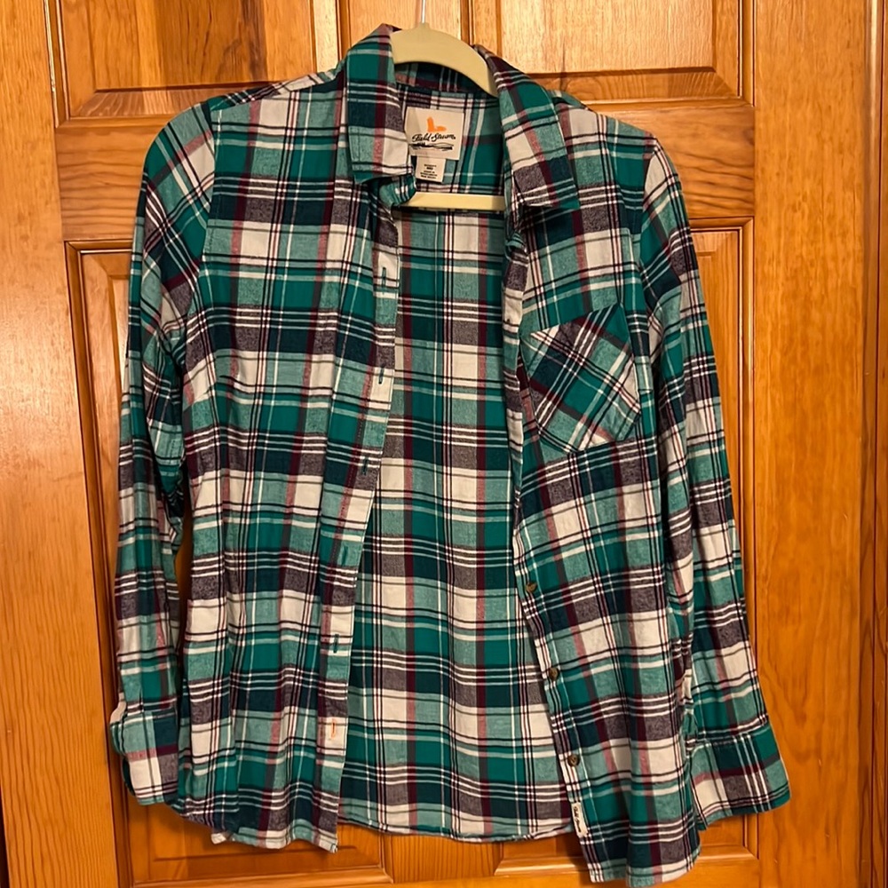 Field + Stream flannel. Women’s medium. A sort of tealish green, purple.